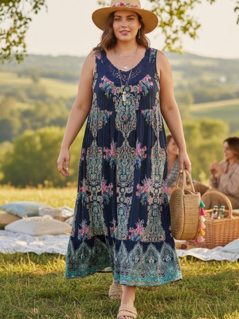 Bila Boho Paisley Floral Maxi Dress Crochet Neckline Drawstring Waist sz XL Navy